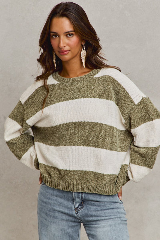 Olive Chenille Striped Knit Sweater