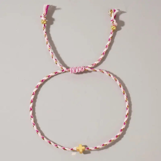 Corded Cross Charm Bracelet- Pink