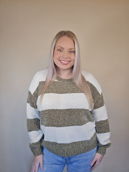 Olive Chenille Striped Knit Sweater