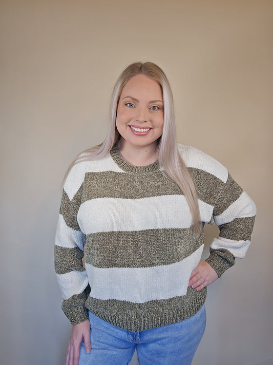 Olive Chenille Striped Knit Sweater